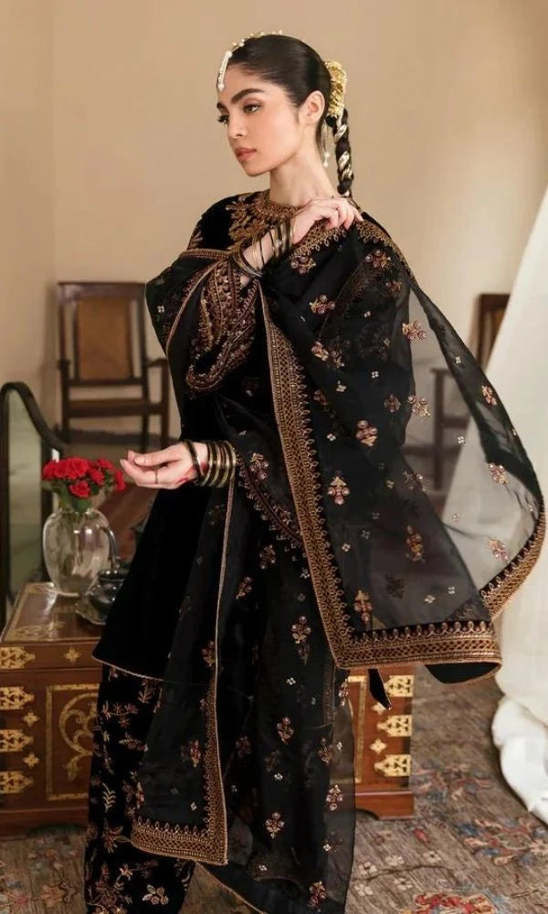 Velvet 3pc unstitched fully embroidered suit with sequence organza dupatta