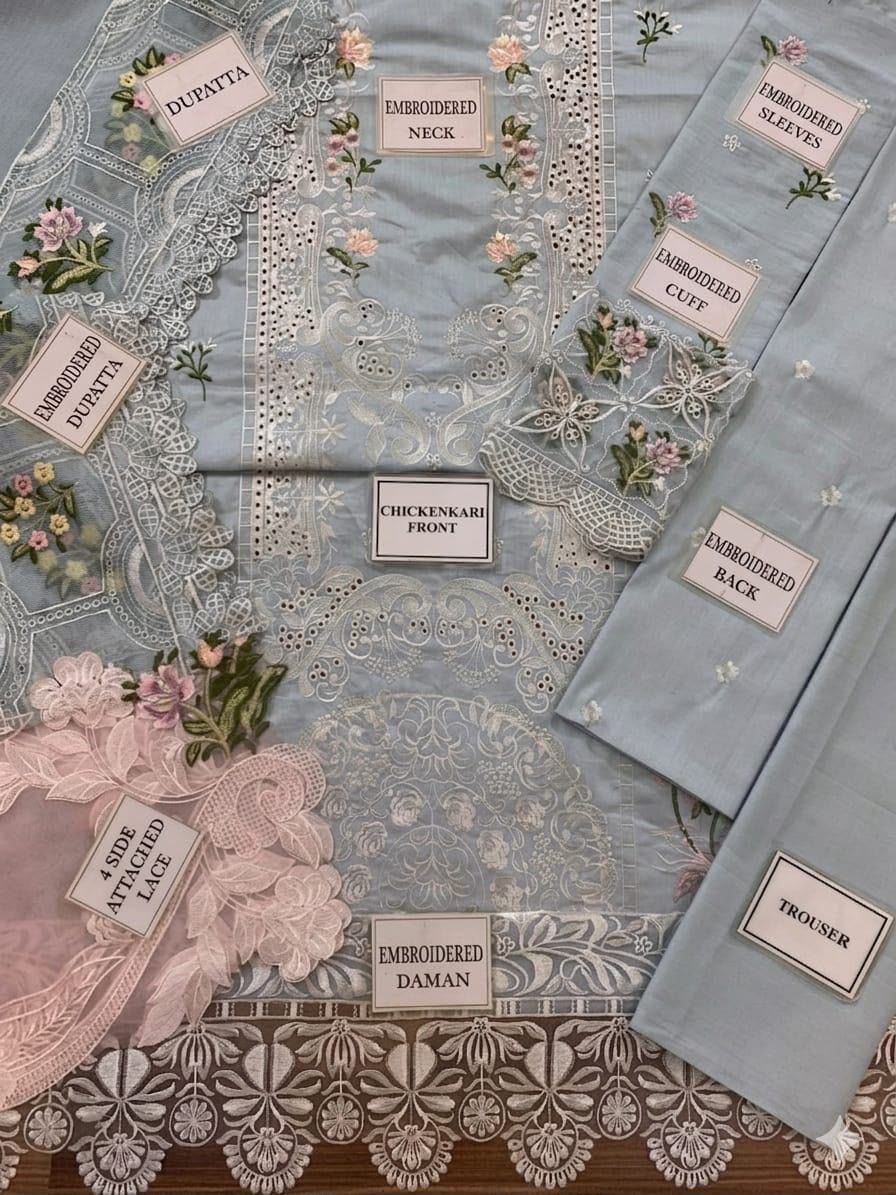 Lawn 3pc unstitched chiken kari embroiered with khaddi net(ready to waer duppata) summer collection suit