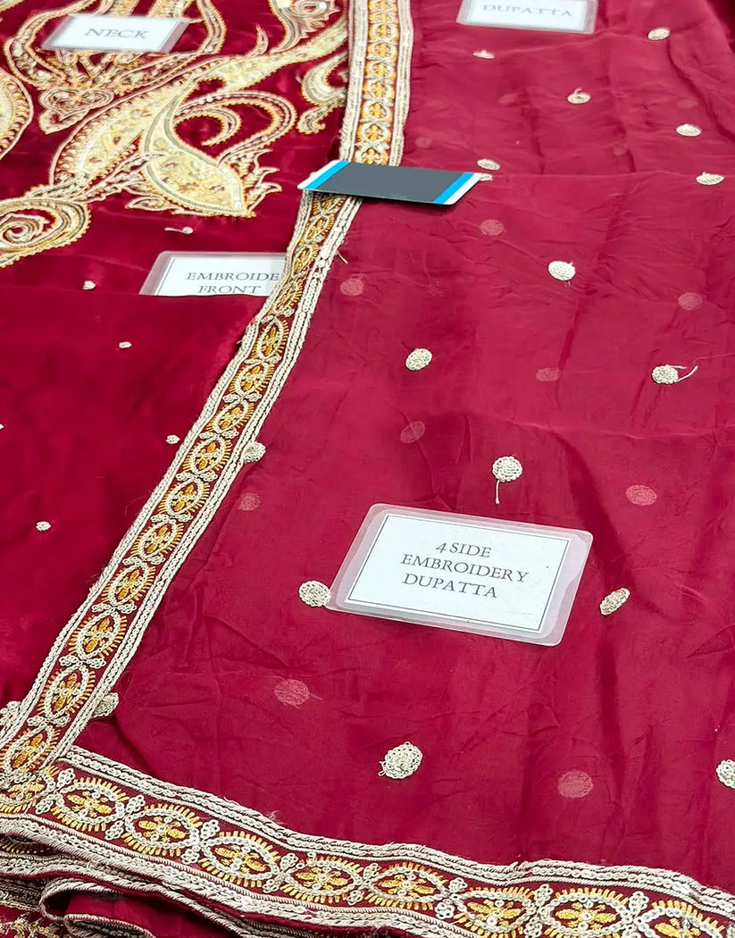 Luxury 3PC Embroidered Maroon Silk Kaftan Party Dress with Embroidered Silk Dupatta