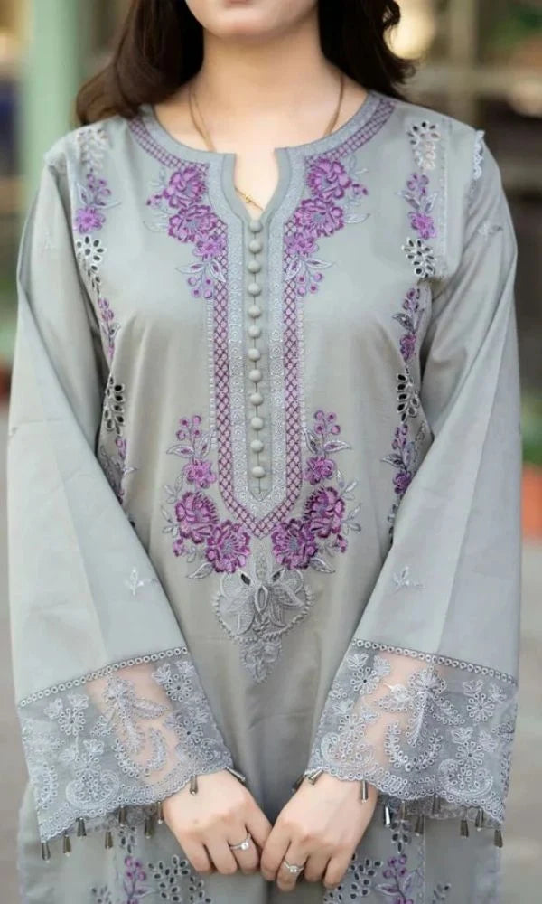 Dhanak 3pc unstitched embroidered suit with embroiered shawl