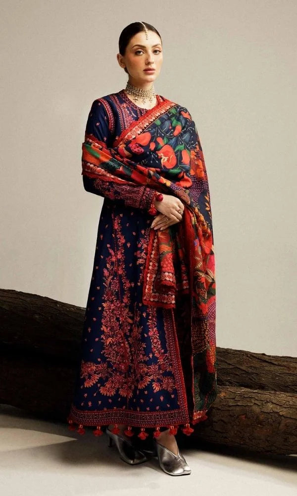Dhanak 3pc unstitched embroidered suit with digital printed wool shawl