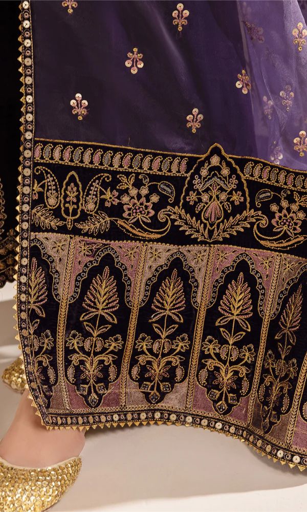 Velvet 3pc fully sequence embroidered suit organza embroidered dupatta with embroidered trouser