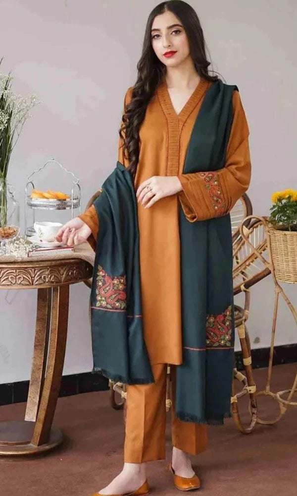 Best Quality Dhanak 3pc unstitched shirt heavy embroidered shawl