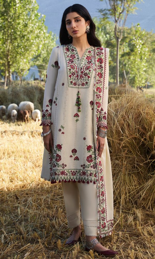 Dhanak 3pc unstitched embroidered suit with embroidered shawl