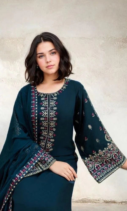 Dhanak 3pc unstitched heavy embroidered suit