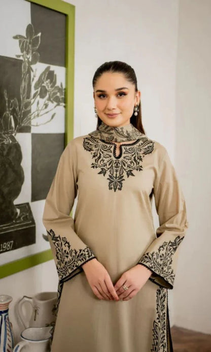 Dhanak 3pc unstitched embroidered suit with digital printed poly wool shawl
