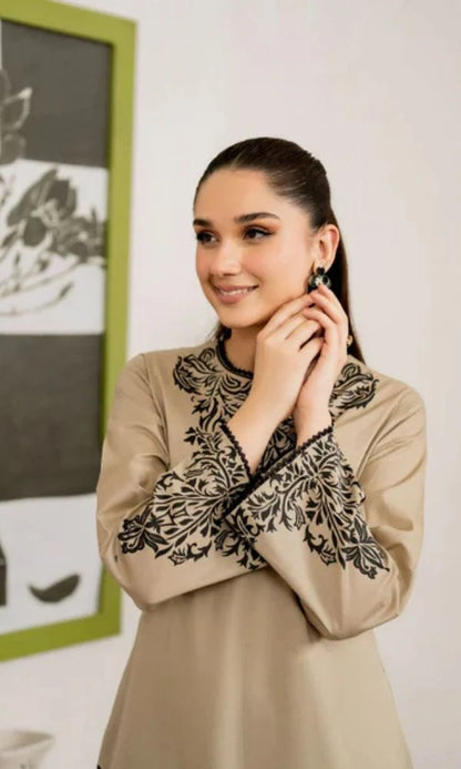 Dhanak 3pc unstitched embroidered suit with digital printed poly wool shawl