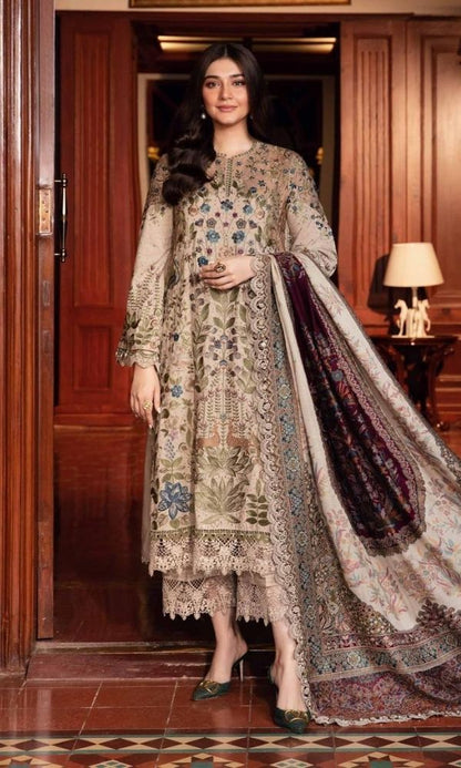 Dhanak 3pc unstitched fully embroidered suit with digital printed wool shawl