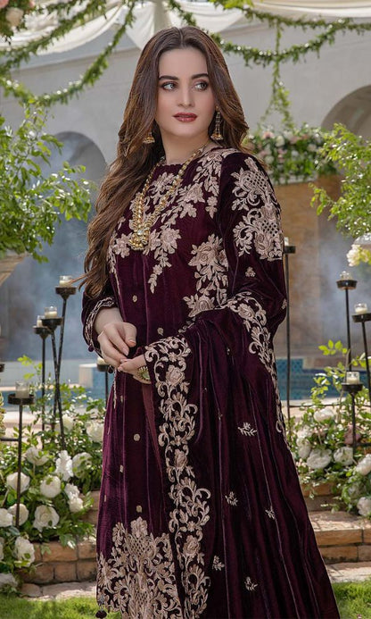 Velvet 3pc sequence embroidered shirt with velvet embroidered shawl