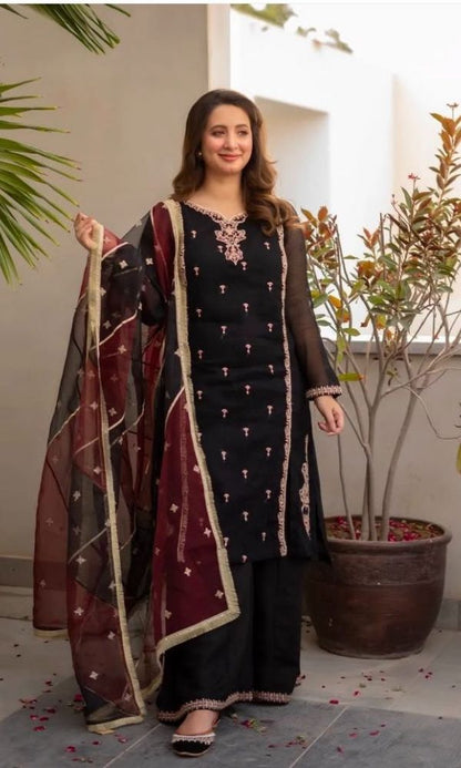Lawn 3pc unstitched embroidered suit with embroidered dupatta