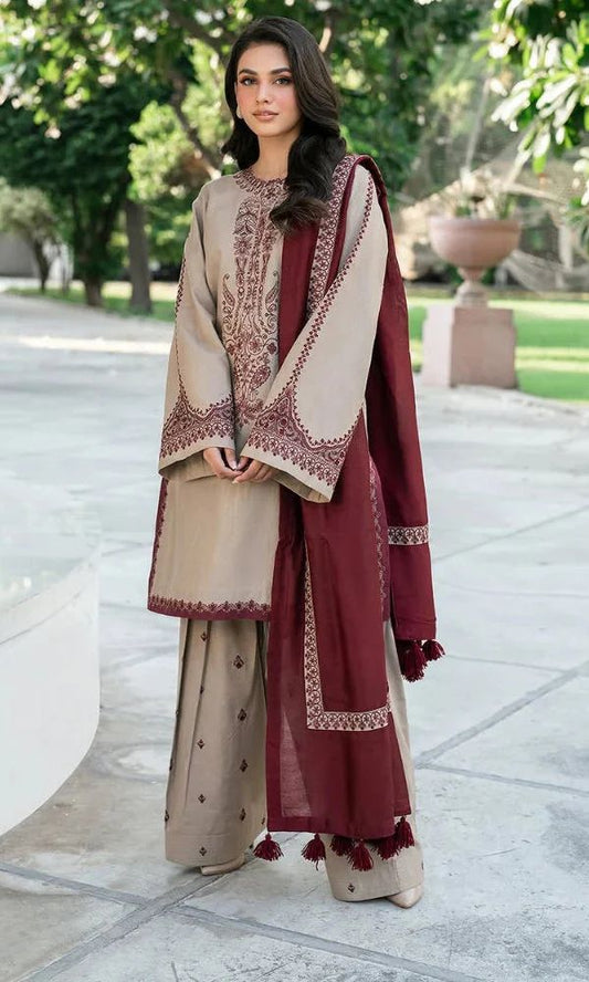 Winter collection 3pc unstitched embroidered suit with embroidered trouser and embroidered shawl