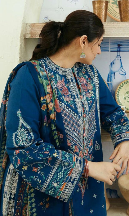 Lawn 3pc heavy embroidery suit with silk printed dupatta and embroidered trouser