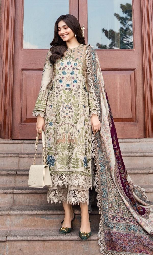 Dhanak 3pc unstitched fully embroidered suit with digital printed wool shawl