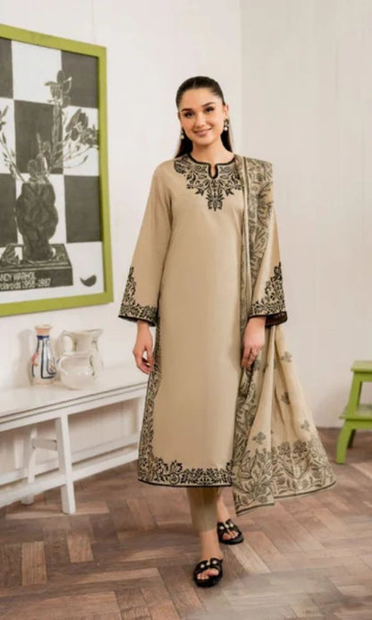 Dhanak 3pc unstitched embroidered suit with digital printed poly wool shawl