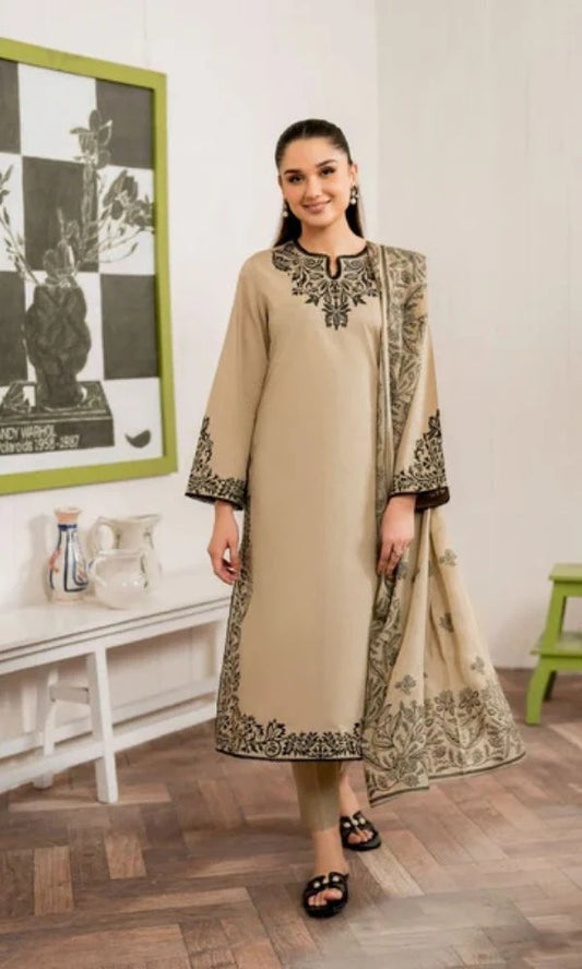 Dhanak 3pc unstitched embroidered suit with digital printed poly wool shawl
