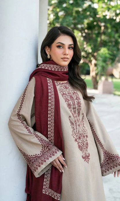 Winter collection 3pc unstitched embroidered suit with embroidered trouser and embroidered shawl