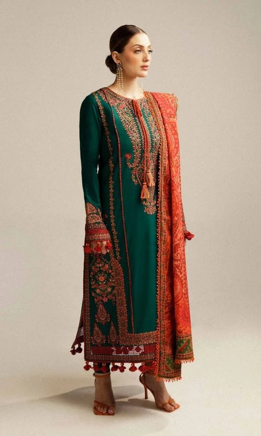 Dhanak 3pc unstitched embroidered suit with digital printed wool shawl