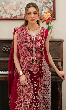 3 Piece Slub Khaddar Heavy Embroidery Unstitch Slub Ready-to-Wear Dupatta-KW1147