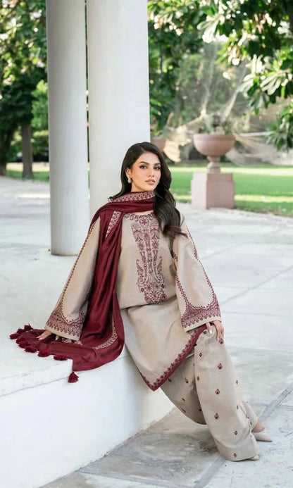 Winter collection 3pc unstitched embroidered suit with embroidered trouser and embroidered shawl