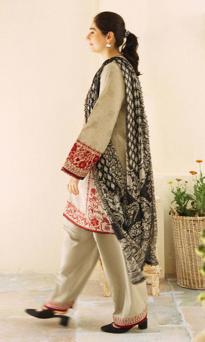 Dhanak 3pc unstitched heavy embroidered suit with digital printed wool shawl and patches