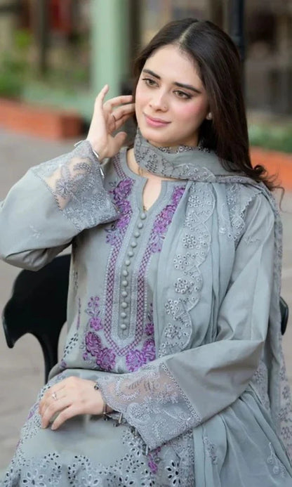 Dhanak 3pc unstitched embroidered suit with embroiered shawl