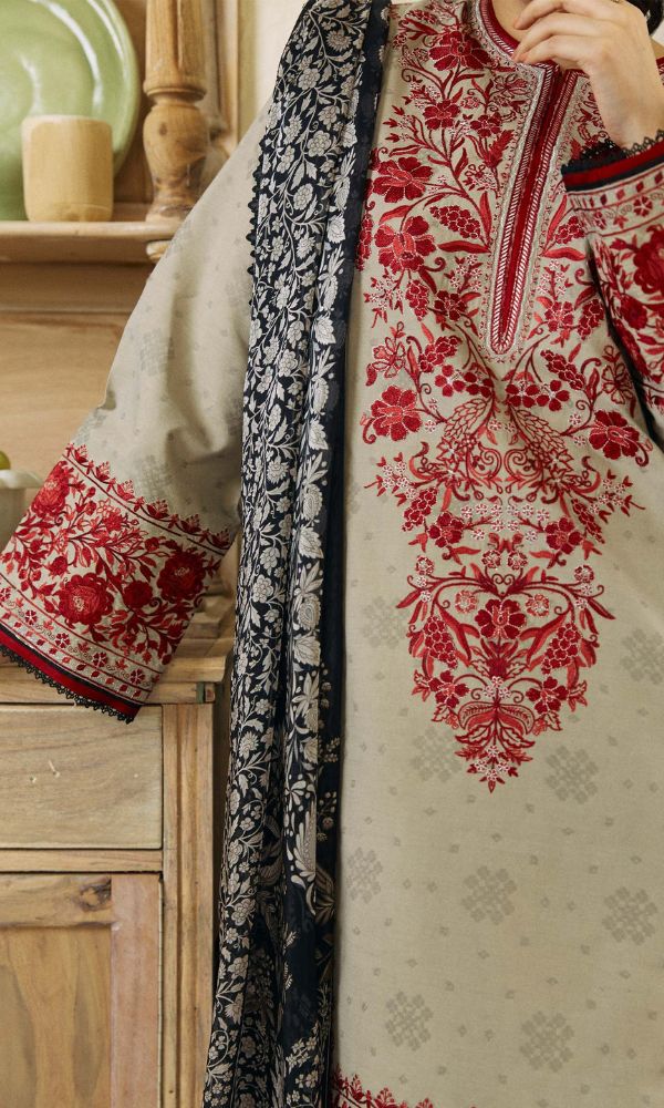 Dhanak 3pc unstitched heavy embroidered suit with digital printed wool shawl and patches