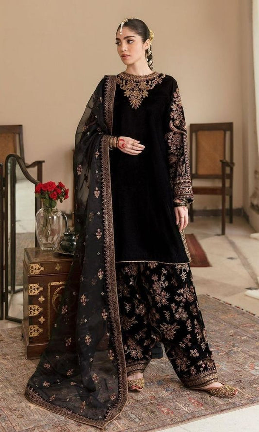 Velvet 3pc unstitched fully embroidered suit with sequence organza dupatta