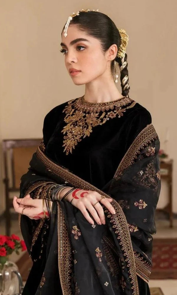 Velvet 3pc unstitched fully embroidered suit with sequence organza dupatta