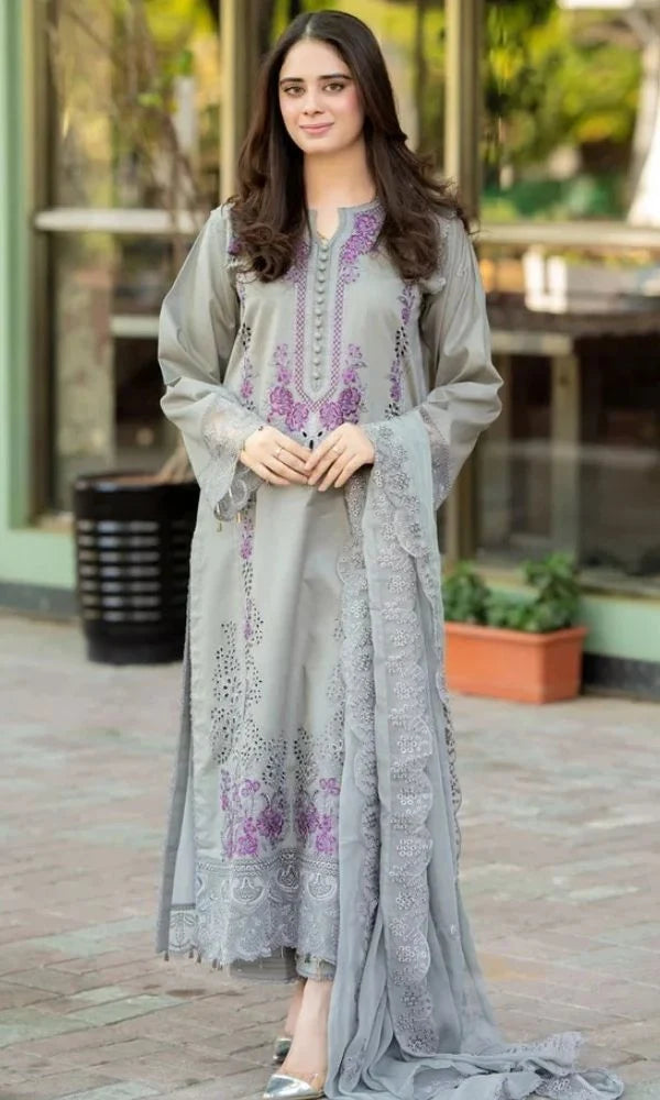 Dhanak 3pc unstitched embroidered suit with embroiered shawl