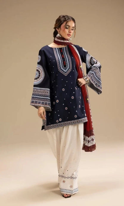 Dhanak 3pc unstitched embroidered suit with digital printed wool shawl