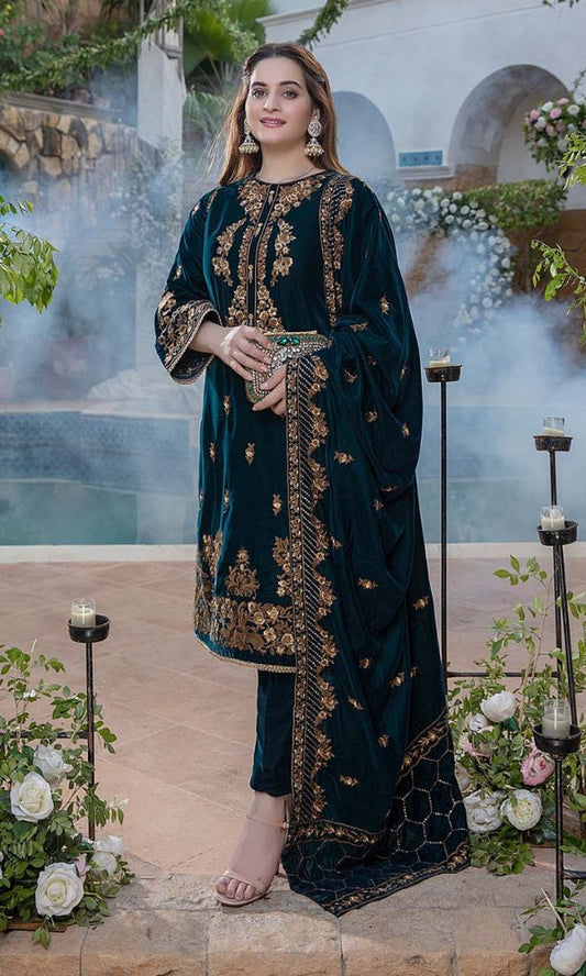 Velvet 3pc unstitched sequence embroidered shirt with velvet embroidered shawl