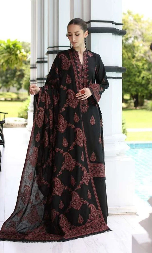 Dhanak 3pc unstitched heavy embroidered suit with embroidered shawl