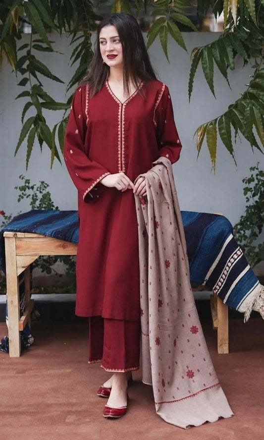 Dhanak 3pc unstitched shirt embroidered sleeves and dhanak embroidered shawl