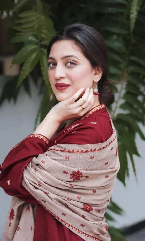 Dhanak 3pc unstitched shirt embroidered sleeves and dhanak embroidered shawl