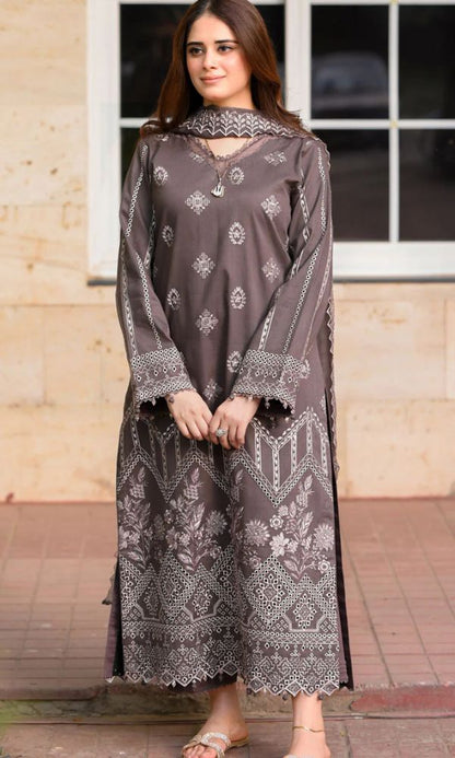Dhanak 3pc unstitched suit wth same embroidered shawl