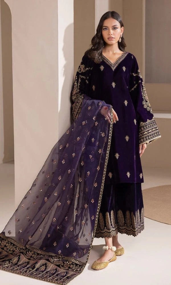 Velvet 3pc fully sequence embroidered suit organza embroidered dupatta with embroidered trouser
