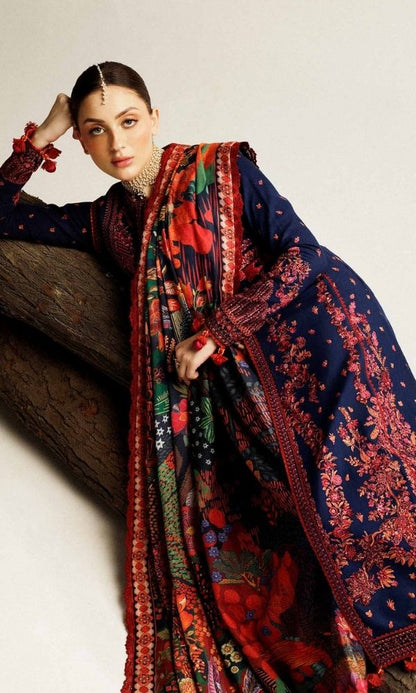 Dhanak 3pc unstitched embroidered suit with digital printed wool shawl