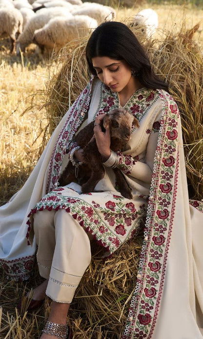 Dhanak 3pc unstitched embroidered suit with embroidered shawl