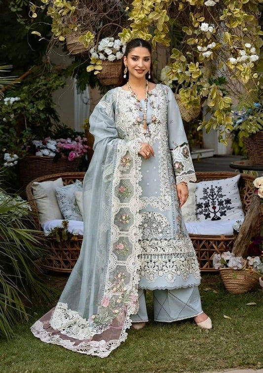 Lawn 3pc unstitched chiken kari embroiered with khaddi net(ready to waer duppata) summer collection suit