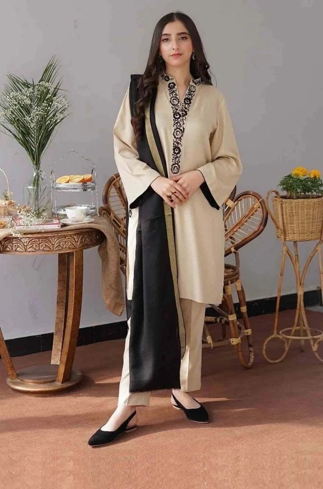3PC Unstitched Dhanak Embroidered Shirt with Dhanak Embroidery Shawl - KW1114