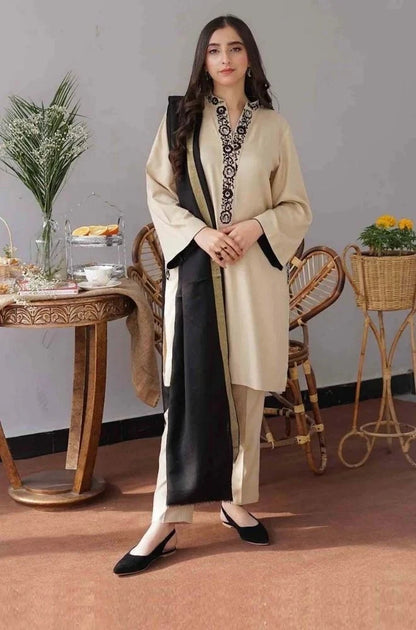 3PC Unstitched Dhanak Embroidered Shirt with Dhanak Embroidery Shawl - KW1114