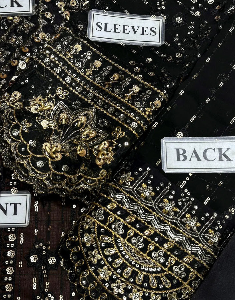 Glamorous Heavily Embroidered Black Chiffon Maxi Dress for Weddings