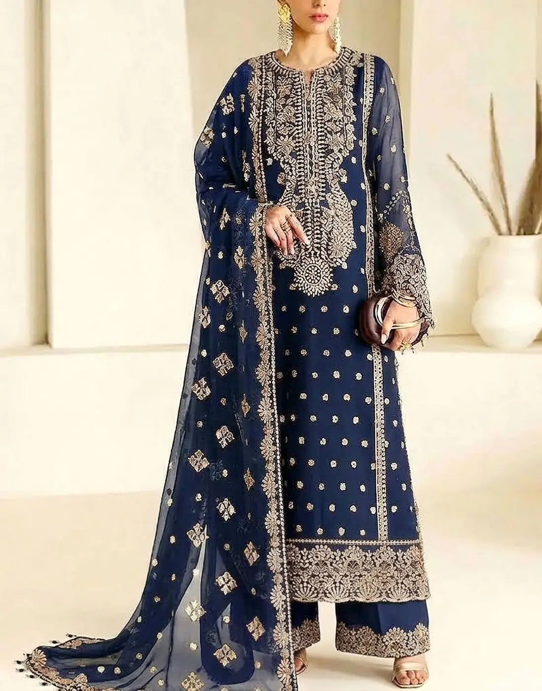 Heavy Embroidered Chiffon Wedding Party Dress with Silk Trouser