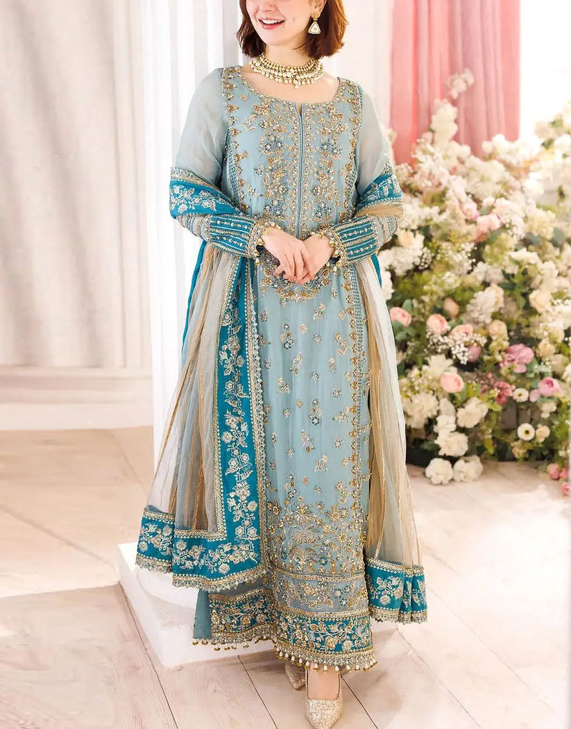 Glamorous Intricate Embroidered Powder Blue Chiffon Wedding Dress with Rich Hand Embellishments