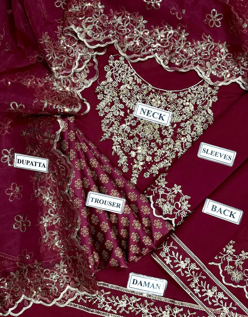 Elegant Embroidered Maroon Chiffon Wedding Sharara Dress - Ideal for Brides & Wedding Events