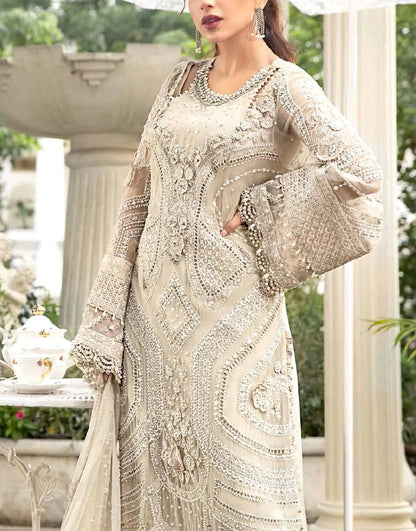 Classic Poise 3D Embroidered Chiffon Pearl Work Dress for Nikkah & Weddings
