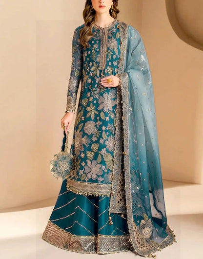Glamorous Heavy Embroidered Peacock Blue Chiffon Wedding Dress with Emb. Silk Trouser