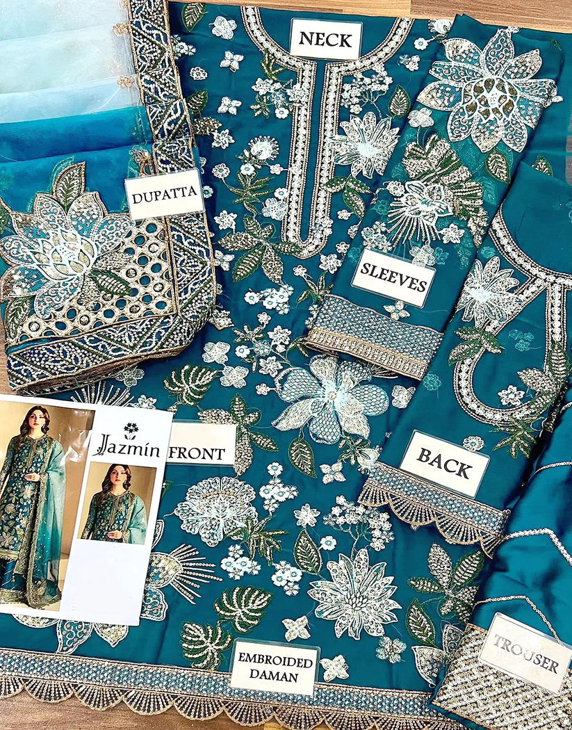 Glamorous Heavy Embroidered Peacock Blue Chiffon Wedding Dress with Emb. Silk Trouser