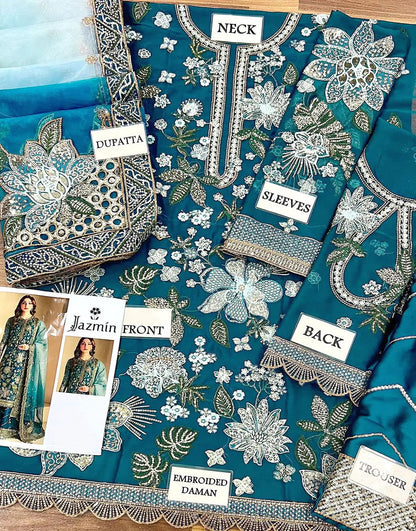Glamorous Heavy Embroidered Peacock Blue Chiffon Wedding Dress with Emb. Silk Trouser