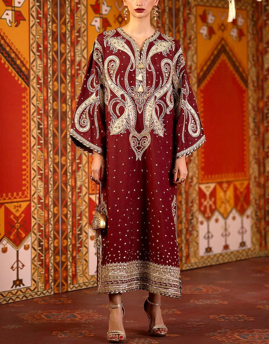 Luxury 3PC Embroidered Maroon Silk Kaftan Party Dress with Embroidered Silk Dupatta